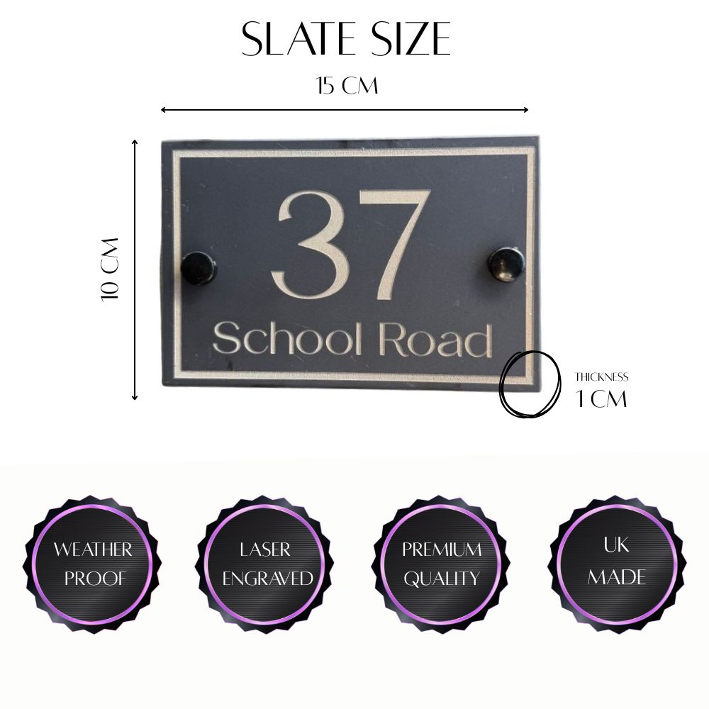 Slate house number sign with dimensions and quality features on a white background