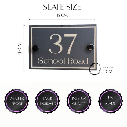 Slate house number sign with dimensions and quality features on a white background