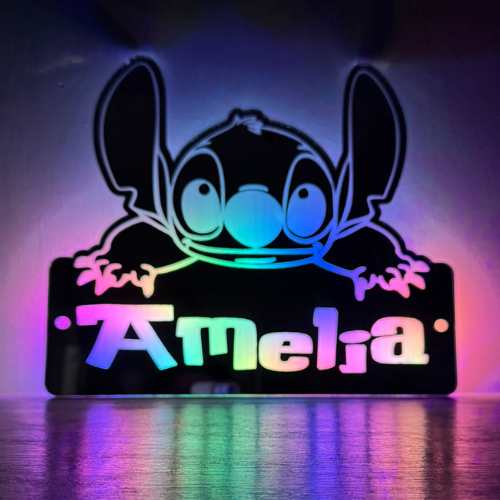 Personalised LED Stitch mirror sign with name for kids room décor
