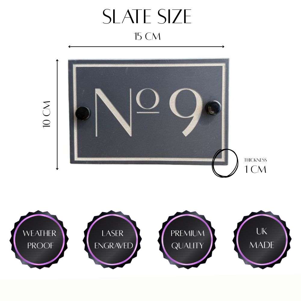 Slate size measurement chart with a No. 9 slate plaque on a white background.