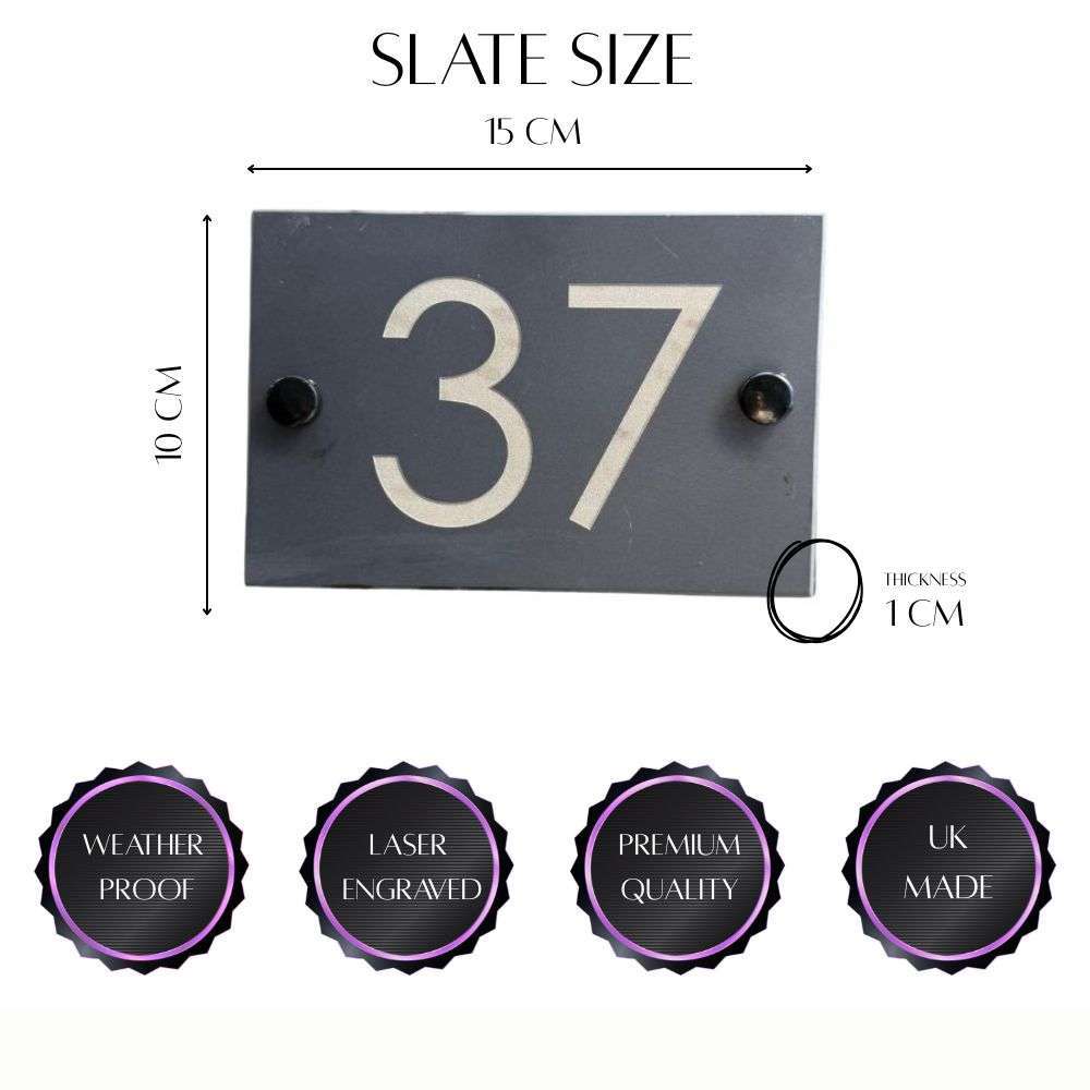 Slate house number '37' with dimensions and quality features on a white background