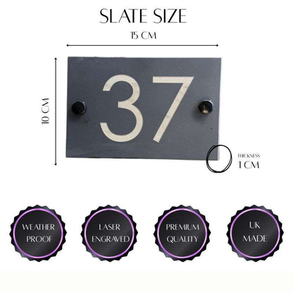 Slate house number '37' with dimensions and quality features on a white background