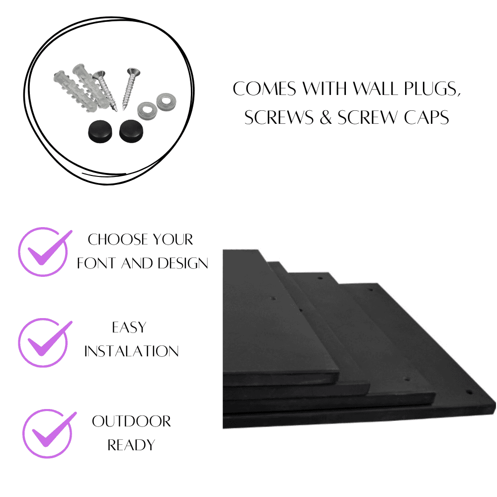 Black metal brackets with wall plugs, screws, and screw caps on a white background.