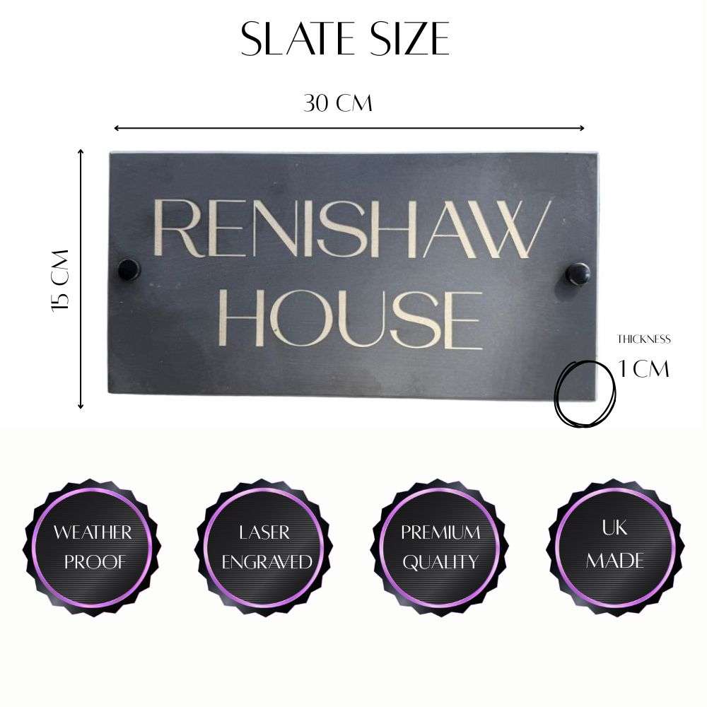Slate house sign with dimensions and quality features on a white background