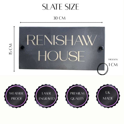Slate house sign with dimensions and quality features on a white background