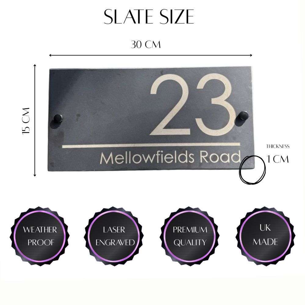 Personalised Slate House Sign 30 x 15cm, Custom Engraved House Number & Street Name Plaque Luxe Sign Studio