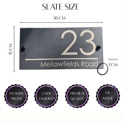 Personalised Slate House Sign 30 x 15cm, Custom Engraved House Number & Street Name Plaque Luxe Sign Studio