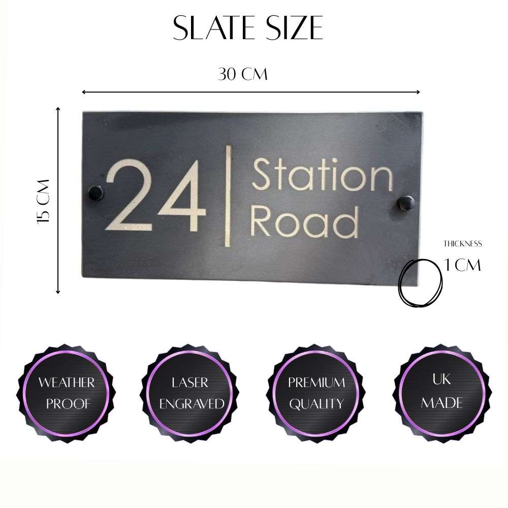 House number sign with dimensions and quality features on a white background