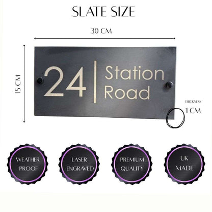 House number sign with dimensions and quality features on a white background