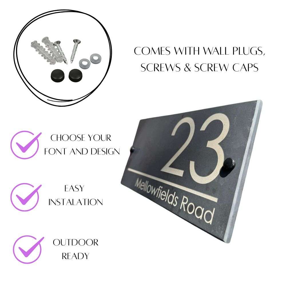 Personalised Slate House Sign 30 x 15cm, Custom Engraved House Number & Street Name Plaque Luxe Sign Studio