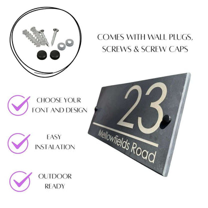 Personalised Slate House Sign 30 x 15cm, Custom Engraved House Number & Street Name Plaque Luxe Sign Studio