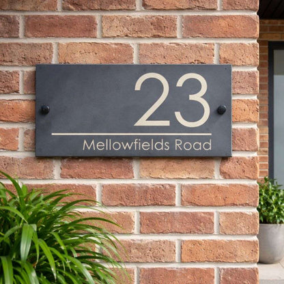 Personalised Slate House Sign 30 x 15cm, Custom Engraved House Number & Street Name Plaque Luxe Sign Studio