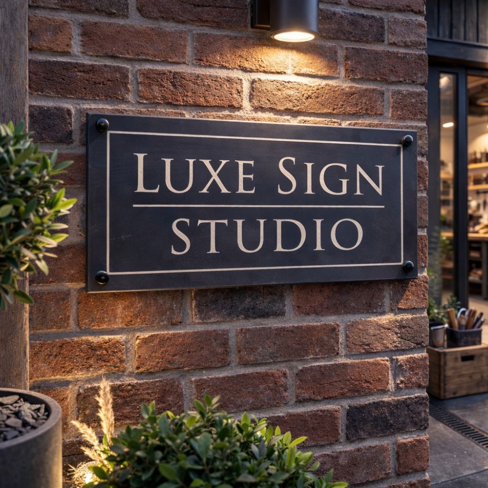Luxe Sign Studio sign on a brick wall with plants and a building entrance in the background.