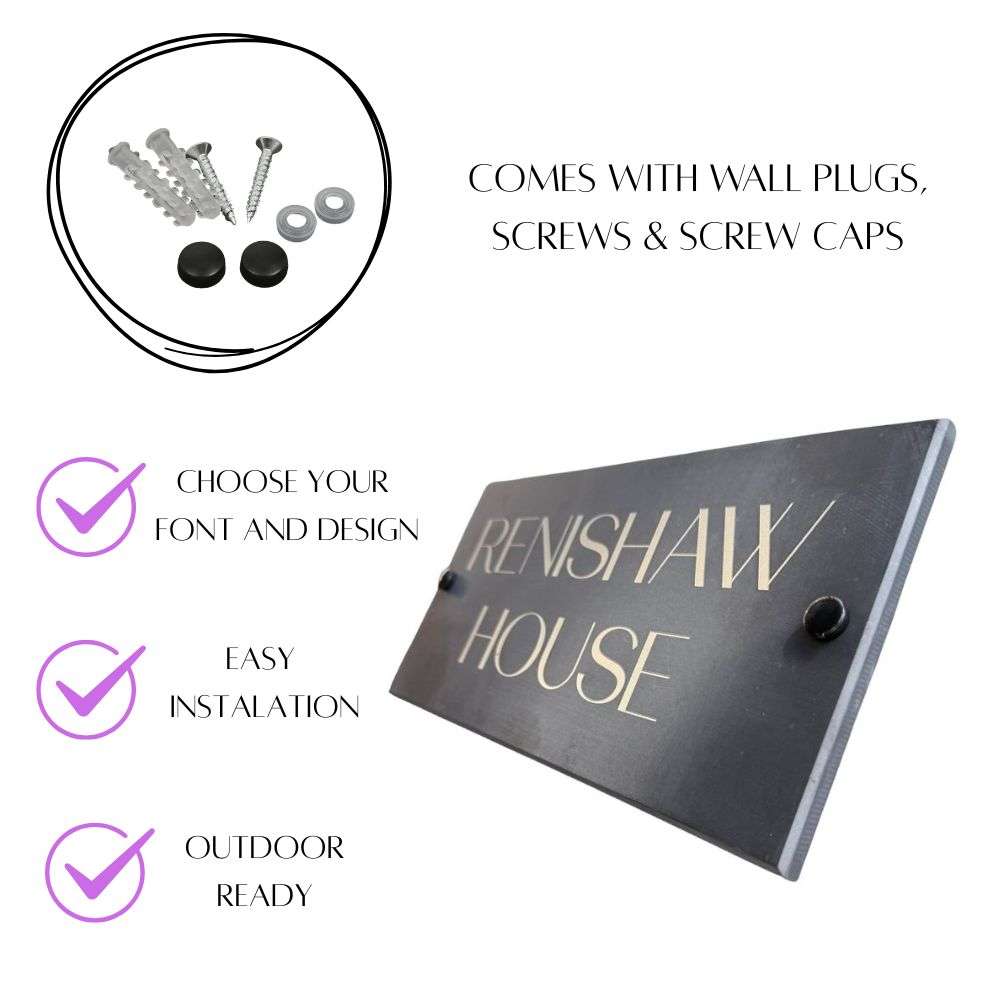 Slate house sign with gold text, screws, wall plugs, and installation information on a white background.