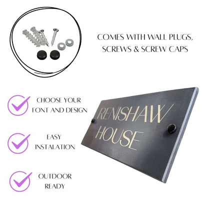 Slate house sign with gold text, screws, wall plugs, and installation information on a white background.