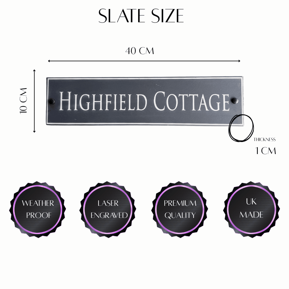 Outdoor engraved slate sign mounted on wooden gate