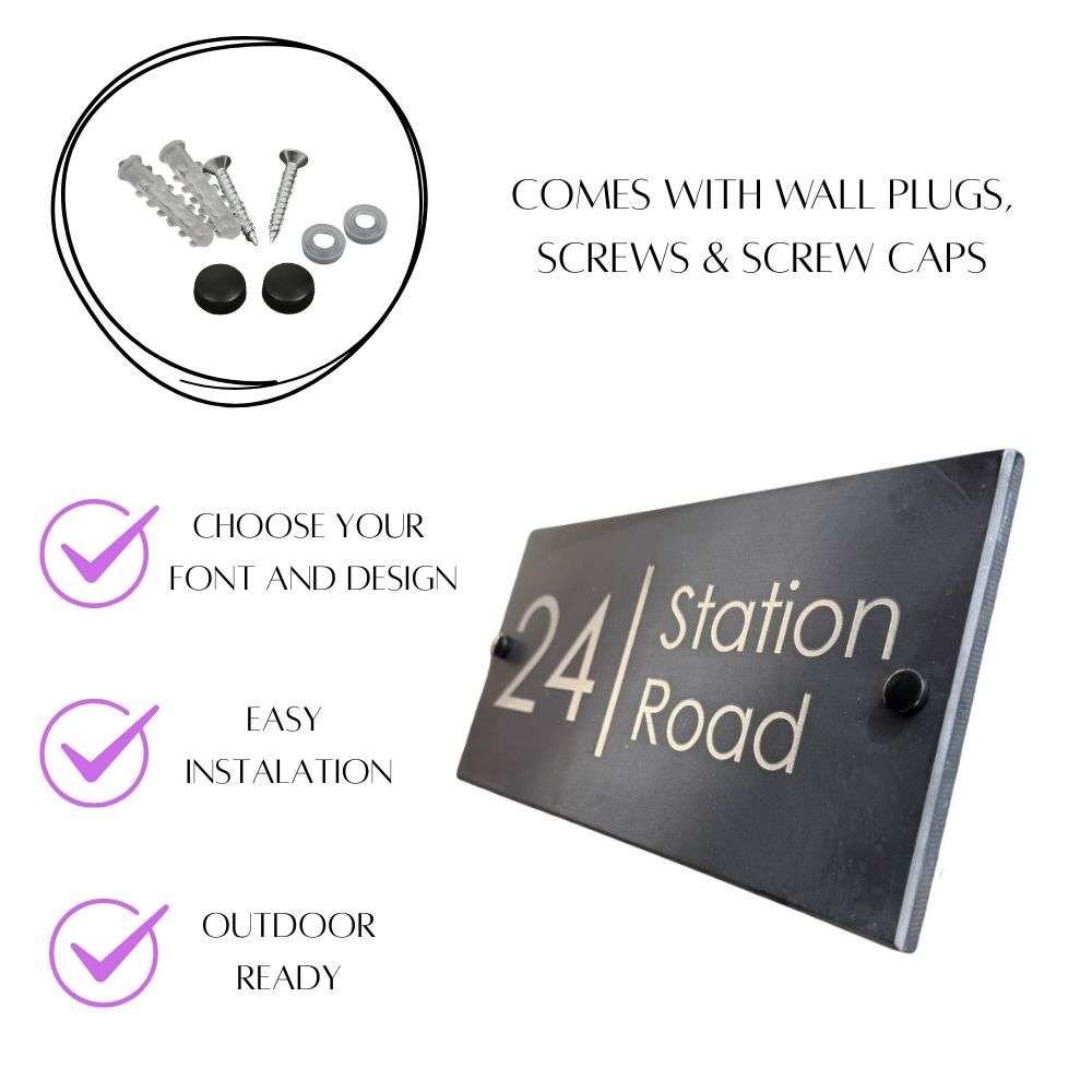House number sign with screws and wall plugs on a white background