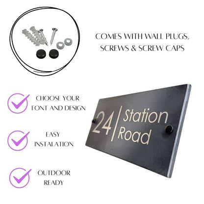 House number sign with screws and wall plugs on a white background