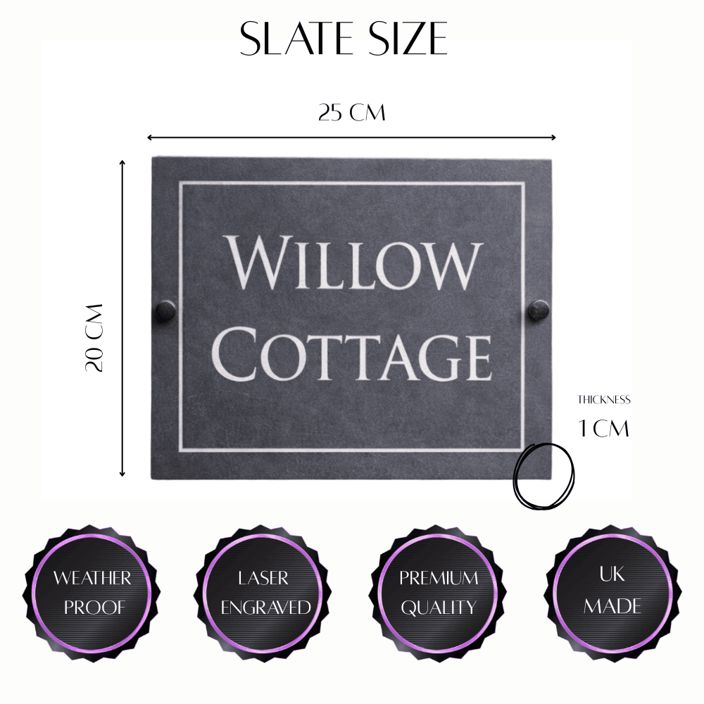 Slate sign with 'Willow Cottage' text, showing dimensions and quality features on a white background.