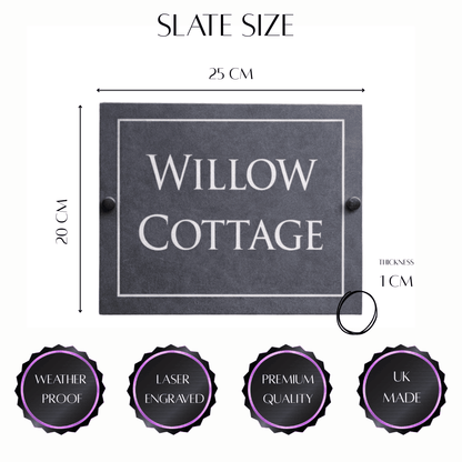 Slate sign with 'Willow Cottage' text, showing dimensions and quality features on a white background.