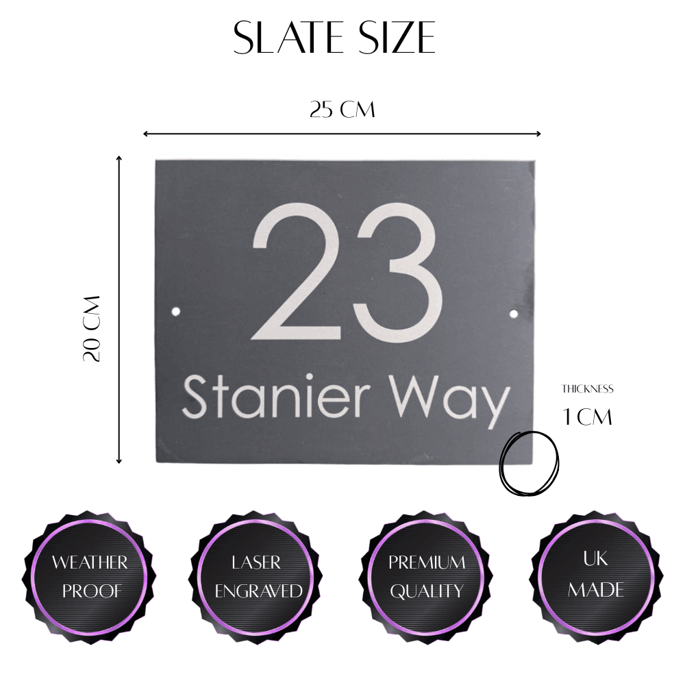 House number sign with dimensions and quality features on a white background