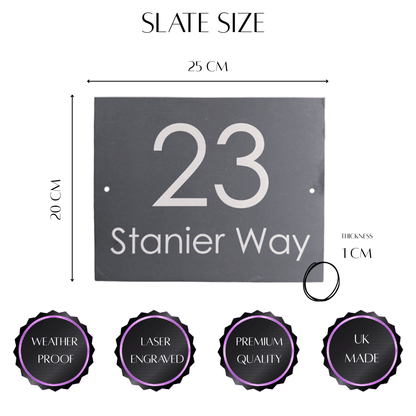 House number sign with dimensions and quality features on a white background
