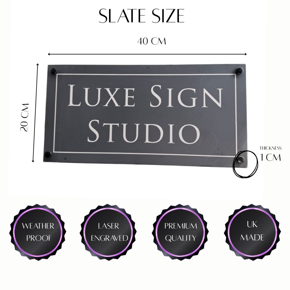 Luxe Sign Studio slate sign with dimensions and quality features on a white background