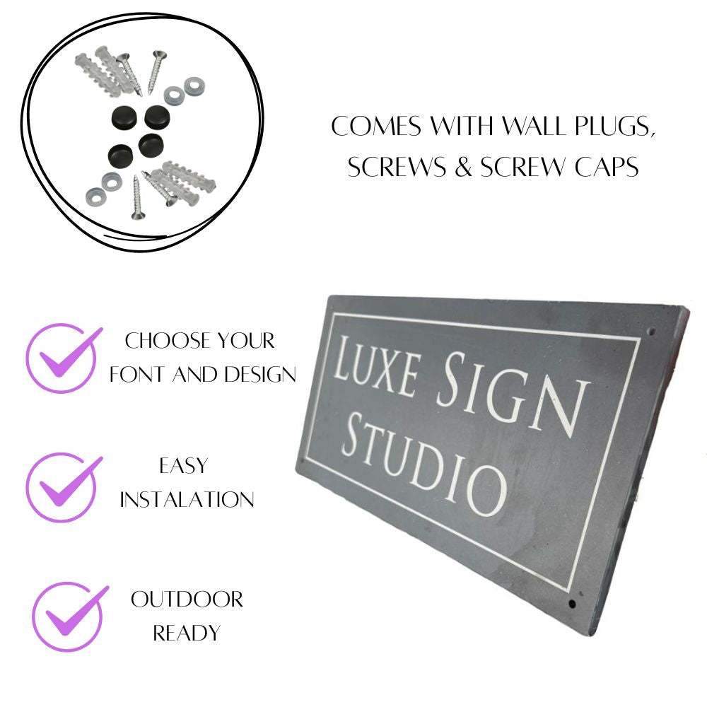 Luxe Sign Studio sign with installation details on a white background