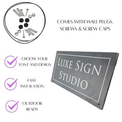 Luxe Sign Studio sign with installation details on a white background
