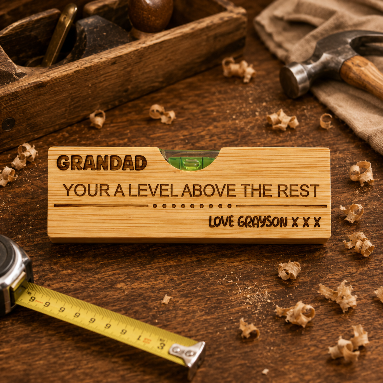 Engraved bamboo bottle opener spirit level gift for handyman