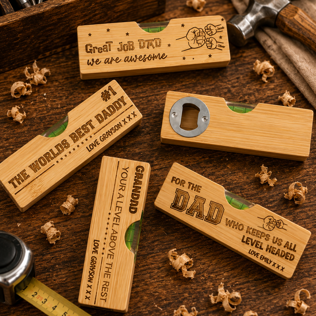 Personalised bamboo spirit level bottle opener gift for Dad