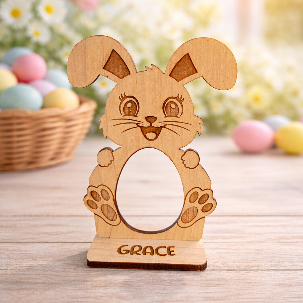 Wooden bunny-shaped photo frame with 'GRACE' engraving on a wooden surface with Easter eggs and flowers in the background.