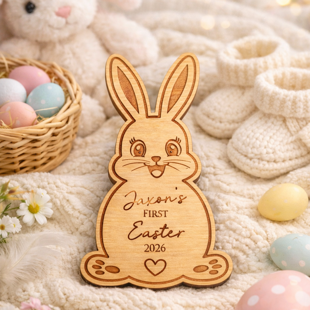 Wooden bunny-shaped plaque with 'Jason's First Easter 2026' text, surrounded by Easter eggs and a plush rabbit toy.