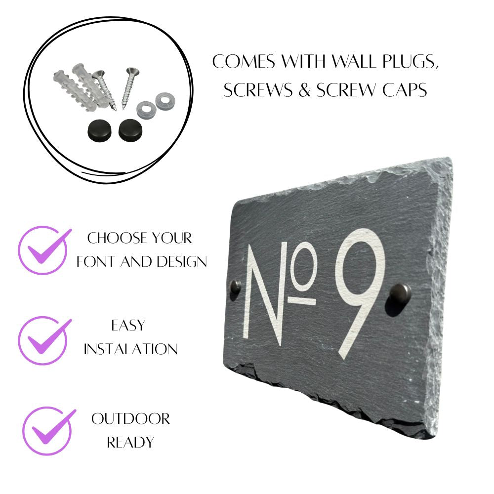 Laser engraved personalised slate house sign measuring 20cm by 15cm