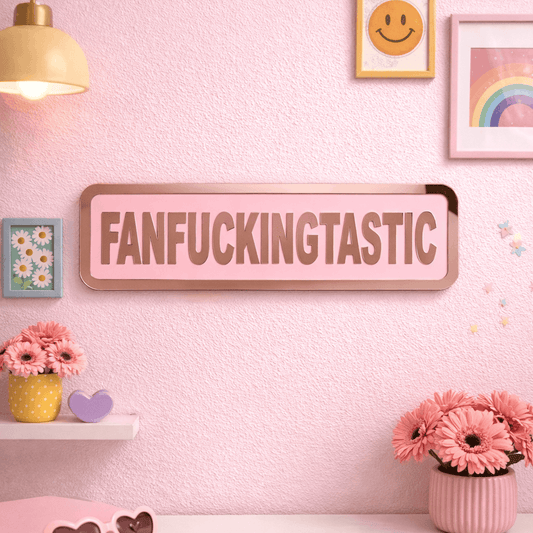 Decorative wall sign with 'FANFUCKINGTASTIC' on a pink wall with flowers and sunglasses.