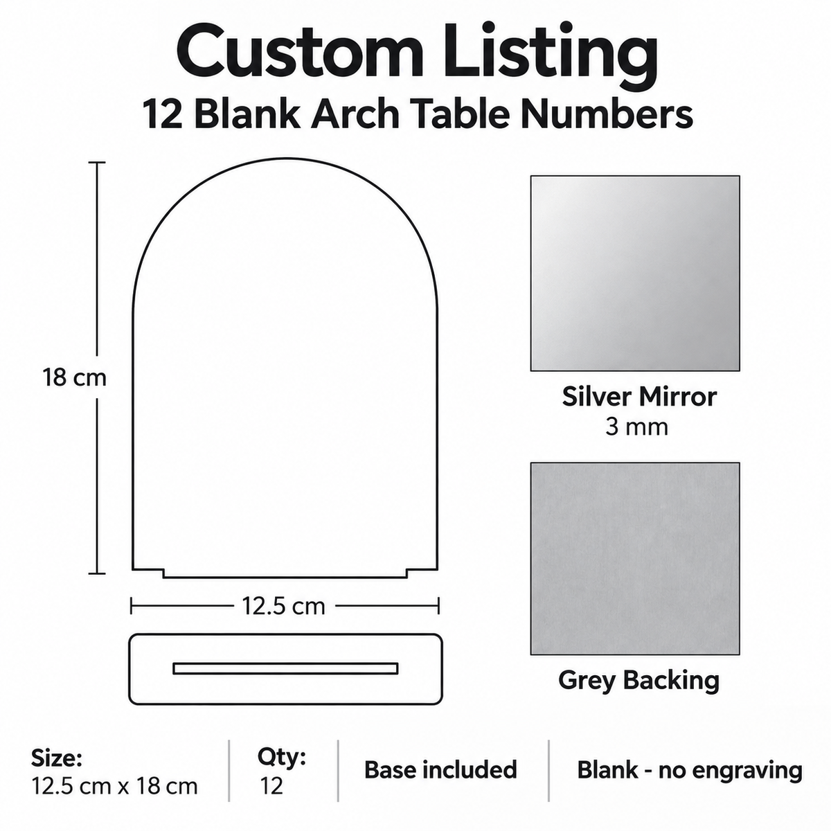 Custom Listing – 12 Blank Silver Mirror Arch Table Numbers with Bases