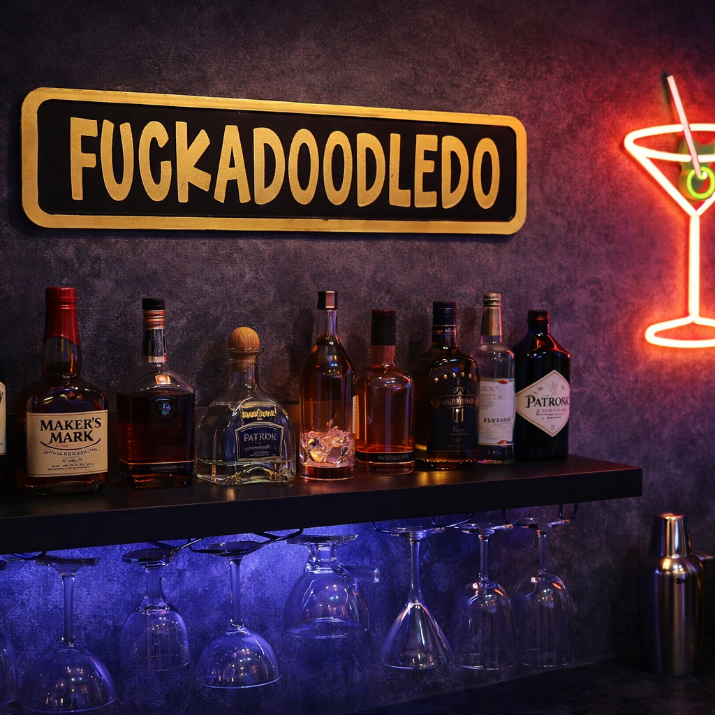 Bar setup with liquor bottles, glasses, and a neon sign on a dark wall.