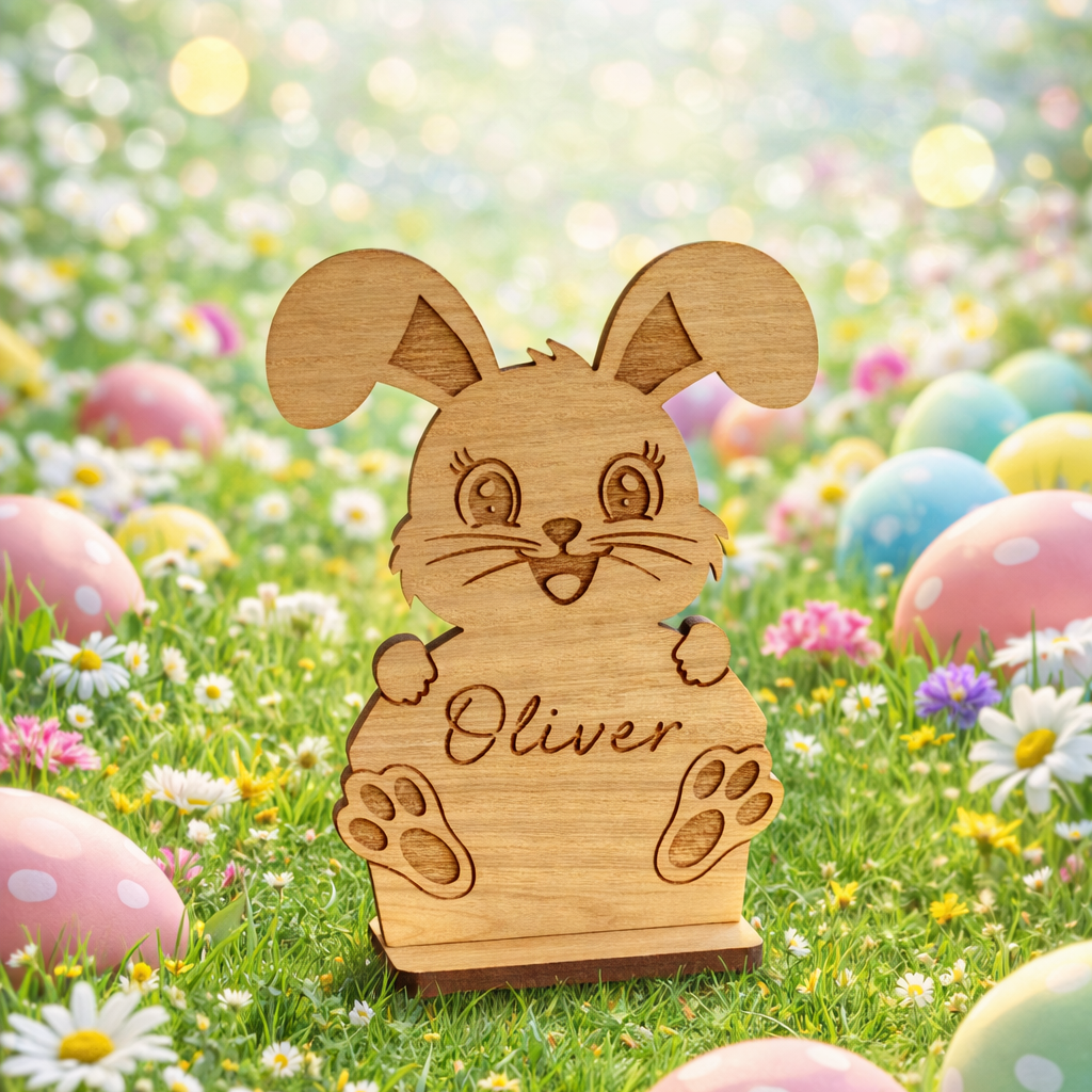 Wooden rabbit figurine with 'Oliver' on a grassy field with Easter eggs and flowers
