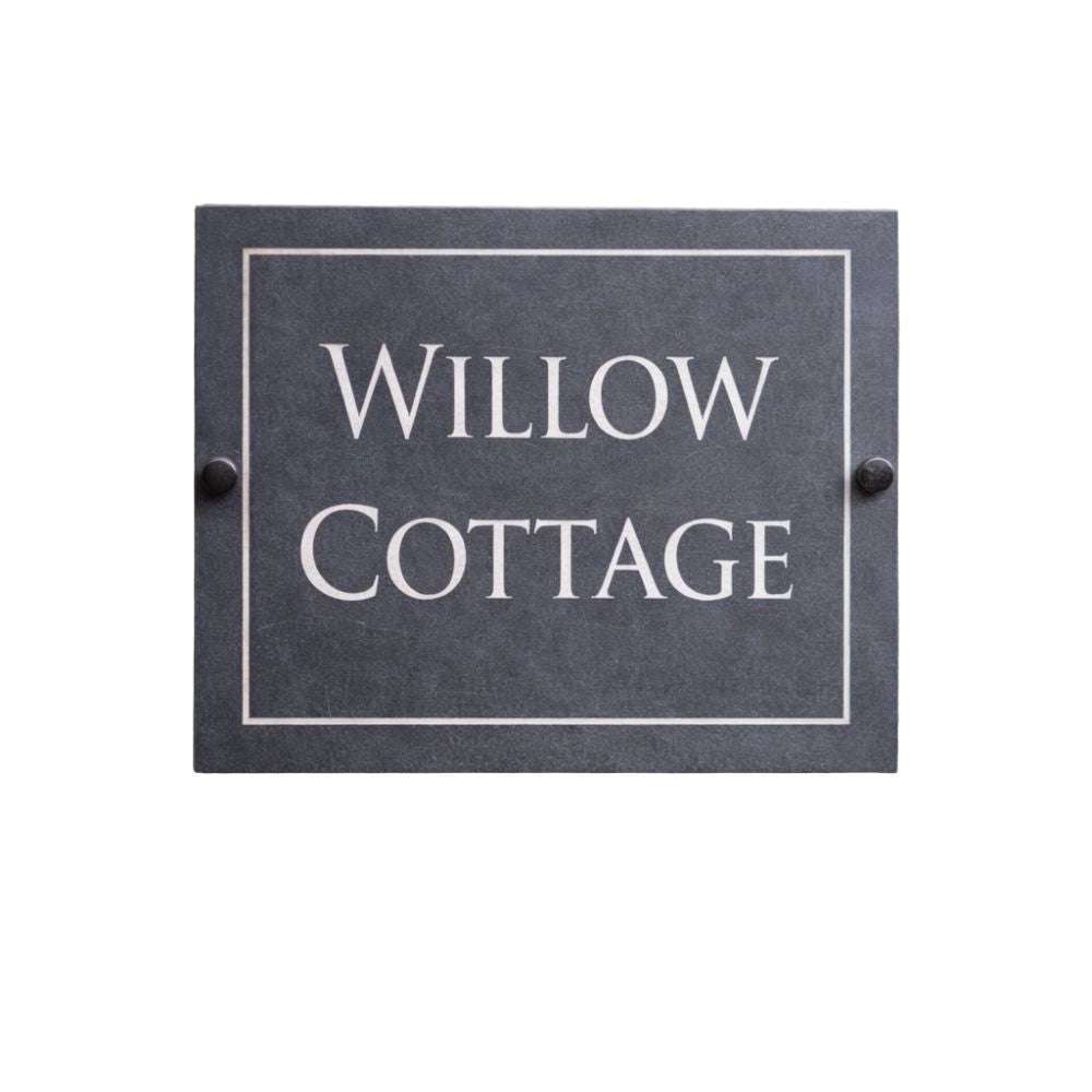 Slate house sign with 'Willow Cottage' text on a white background