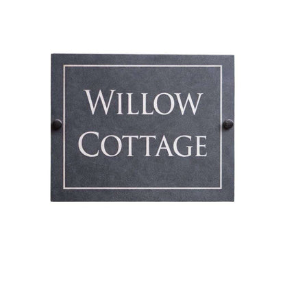 Slate house sign with 'Willow Cottage' text on a white background