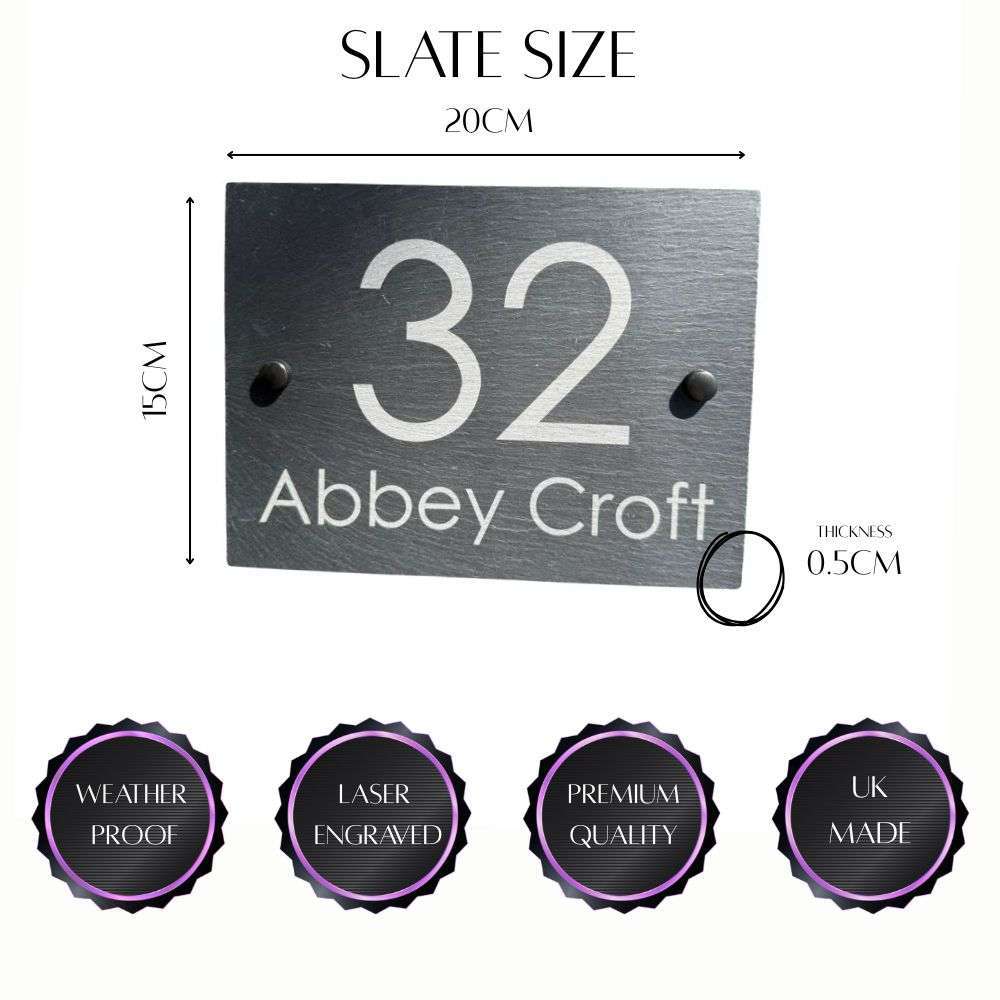 House number sign with dimensions and quality features on a white background
