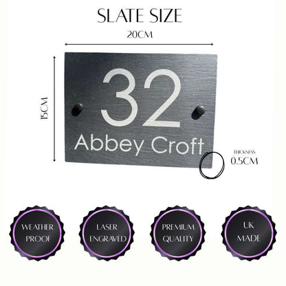 House number sign with dimensions and quality features on a white background