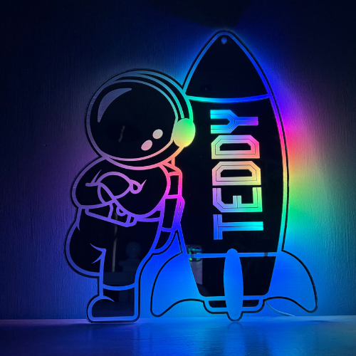 Personalised astronaut rocket LED mirror light for gaming room décor