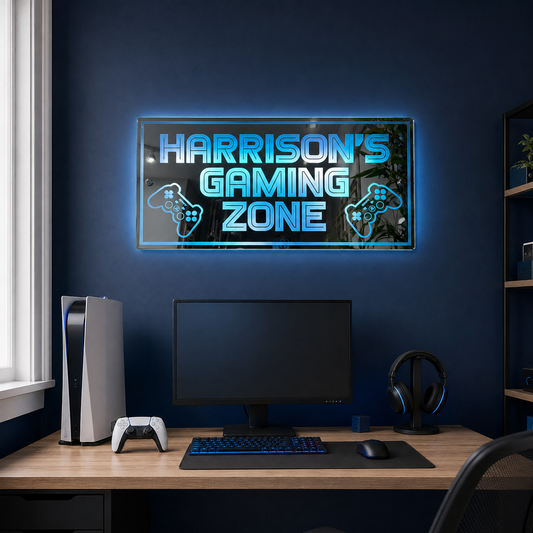 Custom LED Mirror Game Zone Sign – Personalised Gaming Room Décor