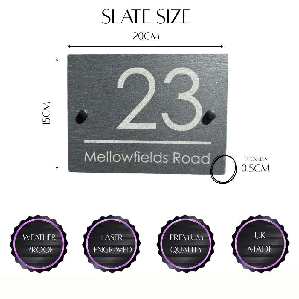 House number sign with dimensions and quality features on a white background