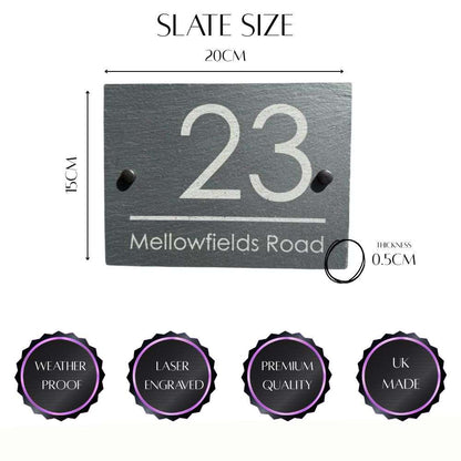 House number sign with dimensions and quality features on a white background