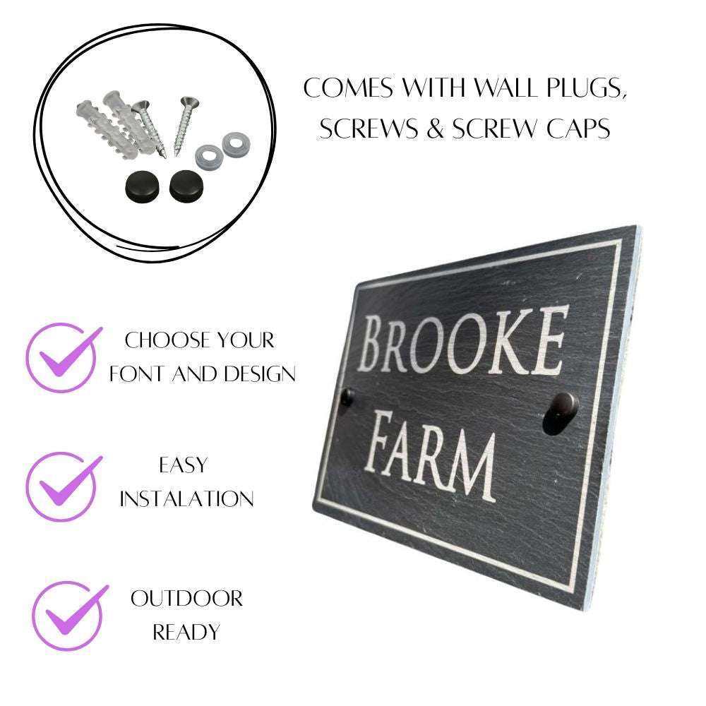 Plaque with 'Brooke Farm' text, wall plug, screws, and screw caps on a white background