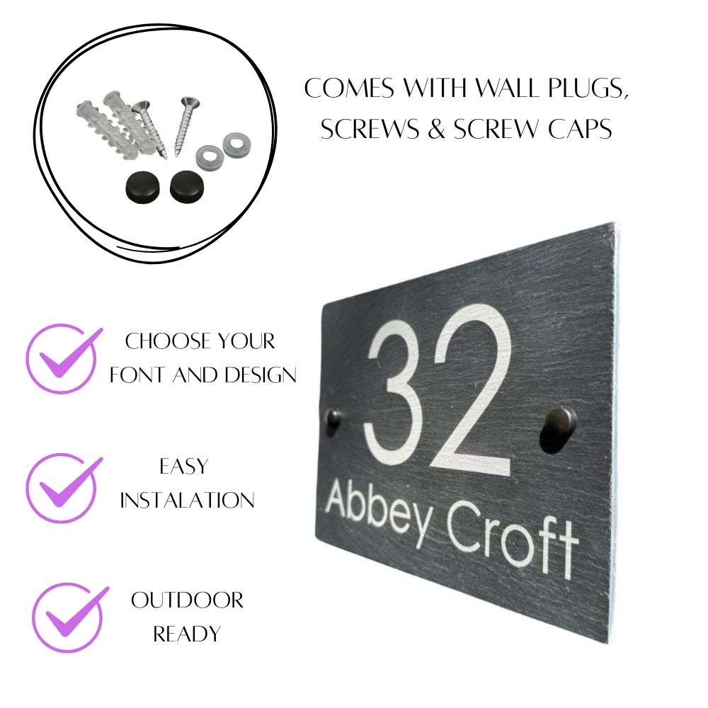 House number sign with '32 Abbey Croft' on a white background, featuring text about product features.