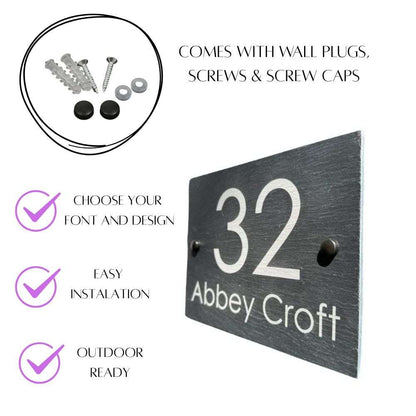 House number sign with '32 Abbey Croft' on a white background, featuring text about product features.