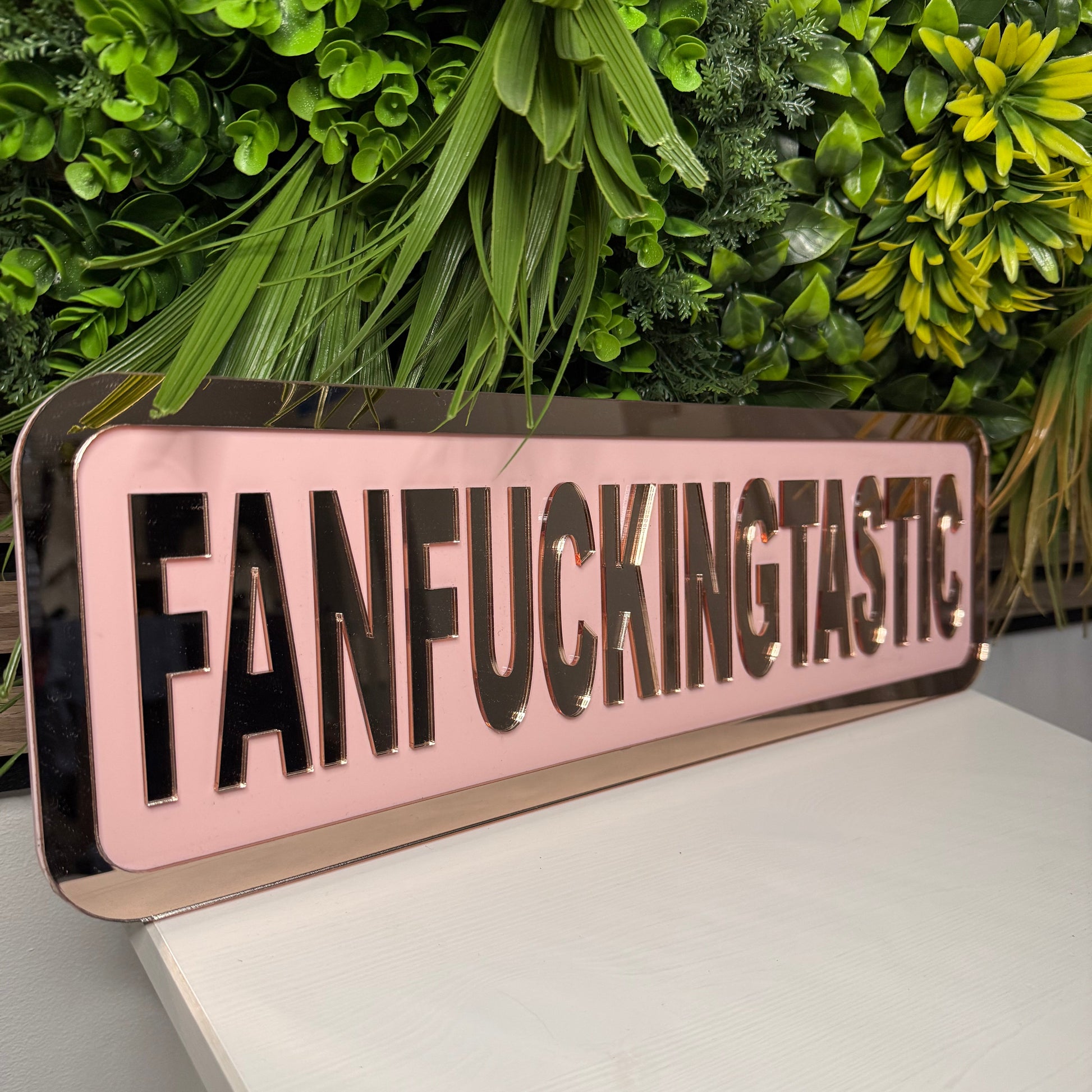 Metallic sign with text 'FANFECKINGTASTIC' on a white surface with green plants.